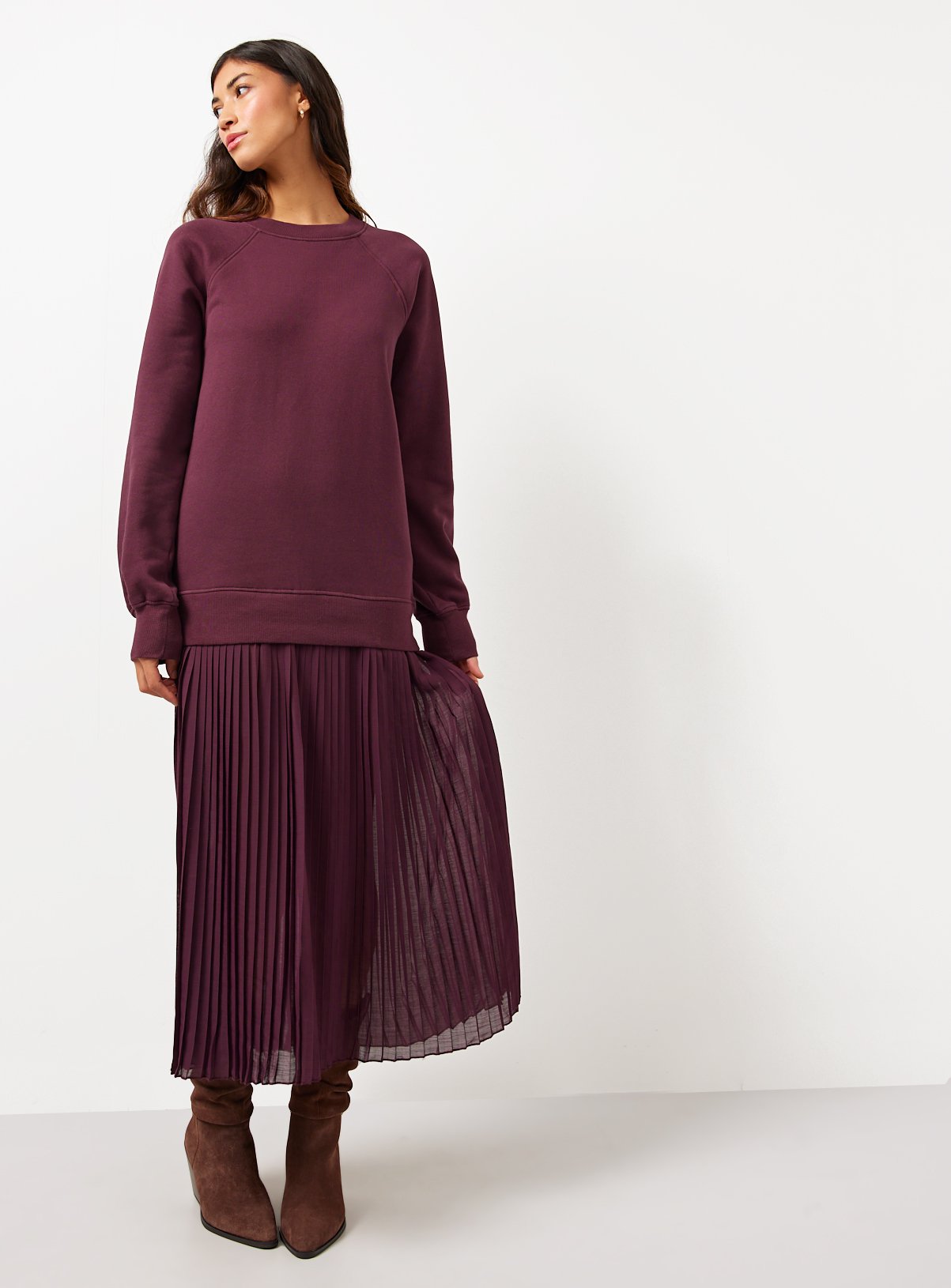 Burgundy Sweatshirt Combined Plisse Midaxi Dress 6 - Image 1 thumbnail